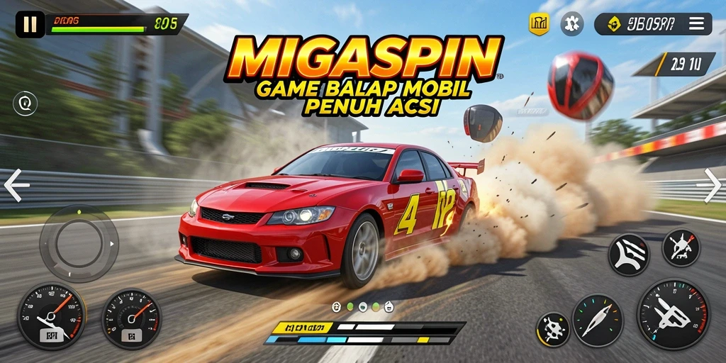 Gameplay MIGASPIN yang seru dengan balapan cepat dan mobil kustom.