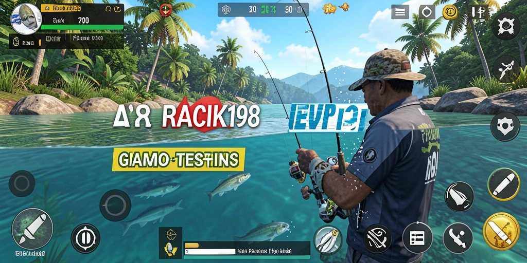 Screenshot game RACIK198 menampilkan pemain yang menarik ikan di lokasi memancing yang indah.