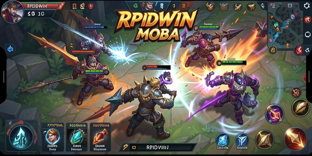 Screenshot utama RPIDWIN menampilkan pertempuran tim yang seru dalam permainan MOBA.